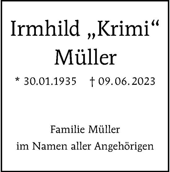 Traueranzeige von Irmhild Müller von Berliner Morgenpost