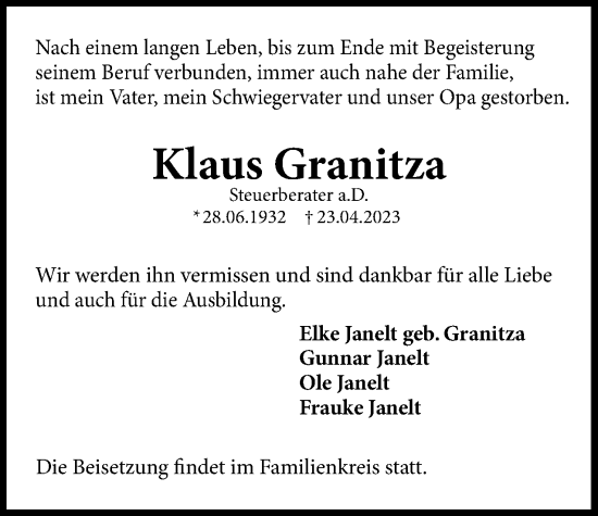 Traueranzeige von Klaus Granitza 