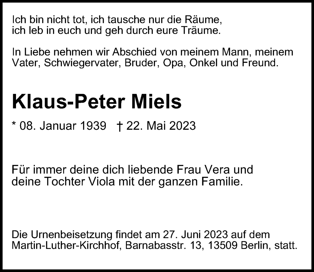  Traueranzeige für Klaus-Peter Miels vom 25.06.2023 aus Berliner Morgenpost
