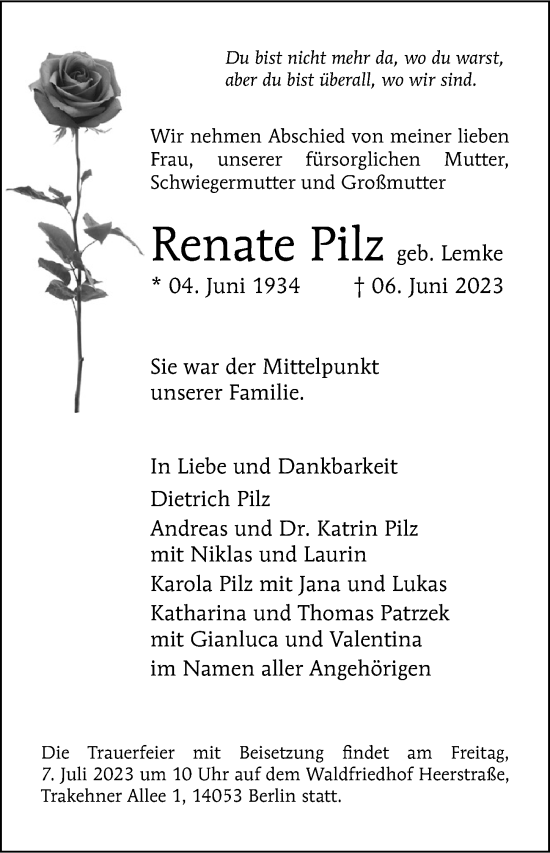 Traueranzeige von Renate Pilz von Berliner Morgenpost