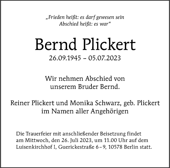 Traueranzeige von Bernd Plickert von Berliner Morgenpost