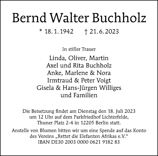 Traueranzeige von Bernd Walter Buchholz von Berliner Morgenpost