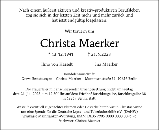 Traueranzeige von Christa Maerker von Berliner Morgenpost