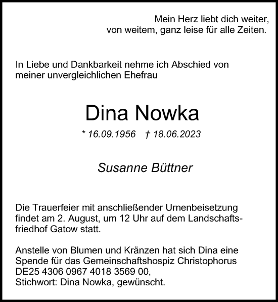 Traueranzeige von Dina Nowka von Berliner Morgenpost