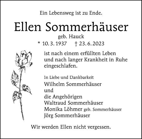 Traueranzeige von Ellen Sommerhäuser von Berliner Morgenpost