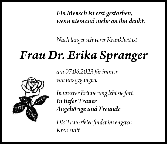 Traueranzeige von Erika Spranger 