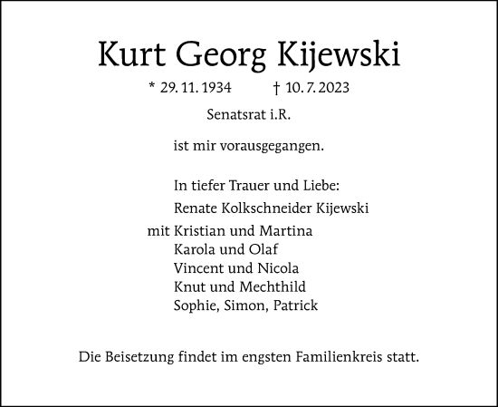 Traueranzeige von Kurt Georg Kijewski von Berliner Morgenpost