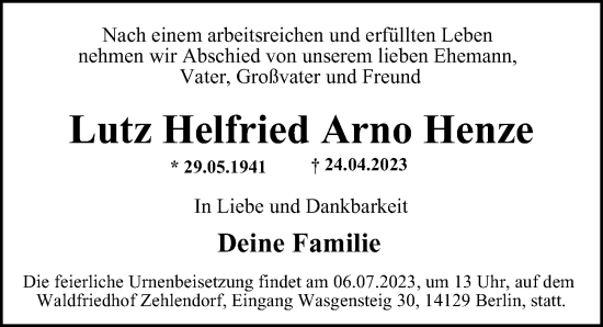 Traueranzeige von Lutz Helfried Arno Henze von Berliner Morgenpost