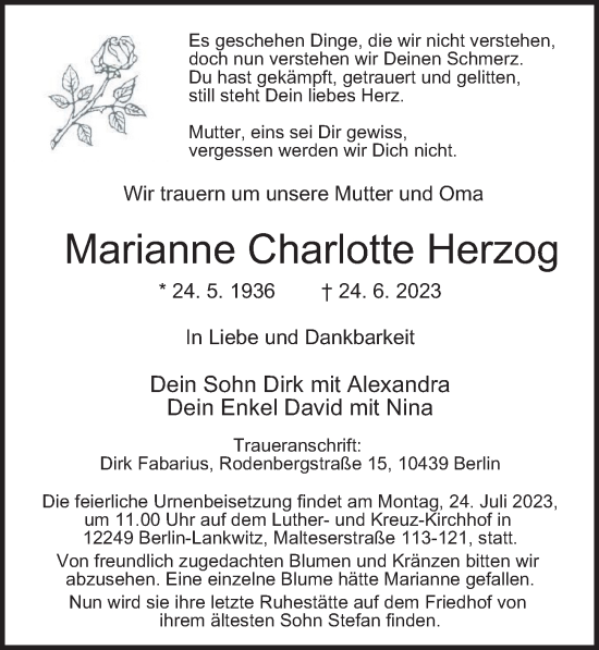 Traueranzeige von Marianne Charlotte Herzog von Berliner Morgenpost