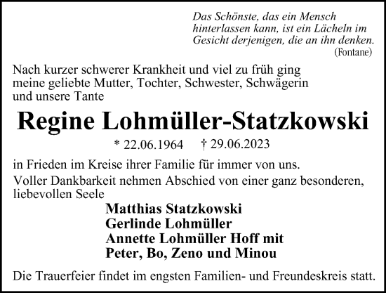 Traueranzeige von Regine Lohmüller-Statzkowski von Berliner Morgenpost