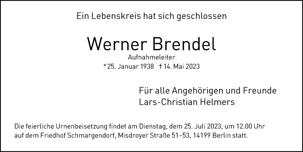  Traueranzeige für Werner Brendel vom 02.07.2023 aus Berliner Morgenpost