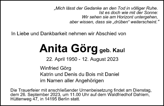Traueranzeige von Anita Görg von Berliner Morgenpost
