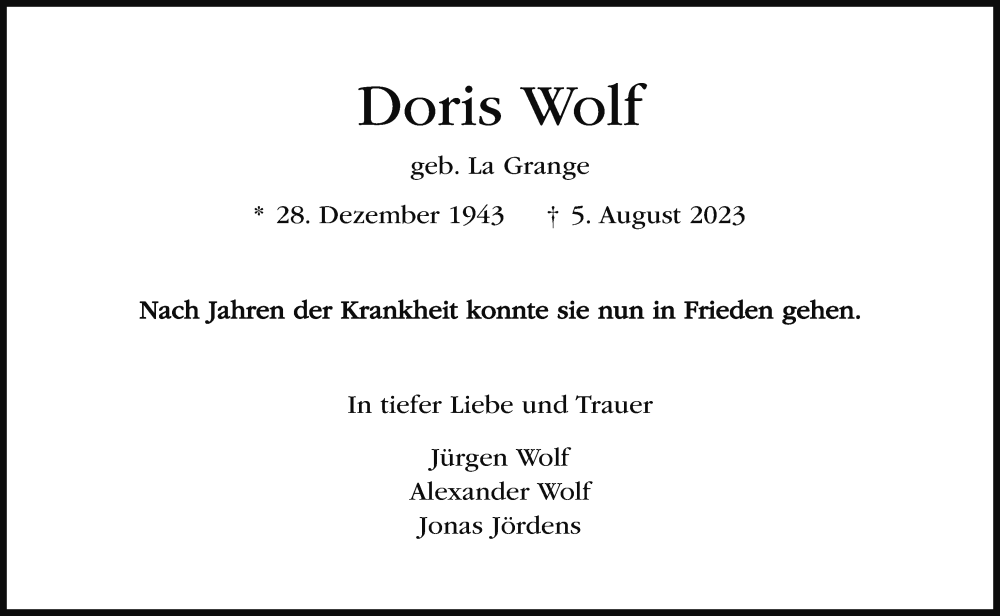  Traueranzeige für Doris Wolf vom 13.08.2023 aus Berliner Morgenpost
