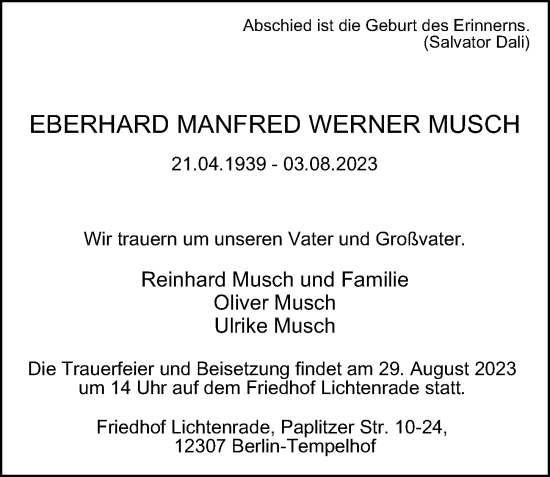 Traueranzeige von Eberhard Manfred Wener Musch von Berliner Morgenpost