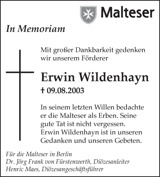 Traueranzeige von Erwin Wildenhayn 
