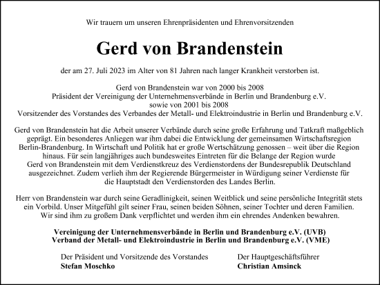 Traueranzeige von Gerd von Brandenstein von Berliner Morgenpost