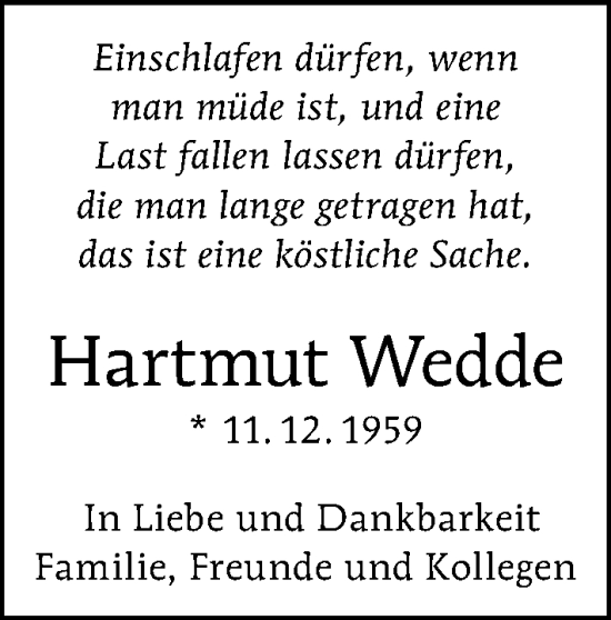 Traueranzeige von Hartmut Wedde von Berliner Morgenpost