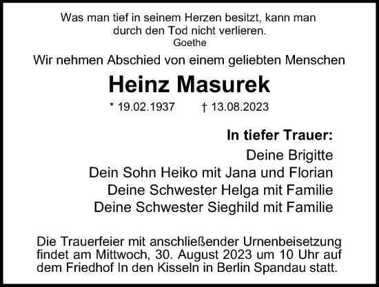 Traueranzeige von Heinz Masurek von Berliner Morgenpost