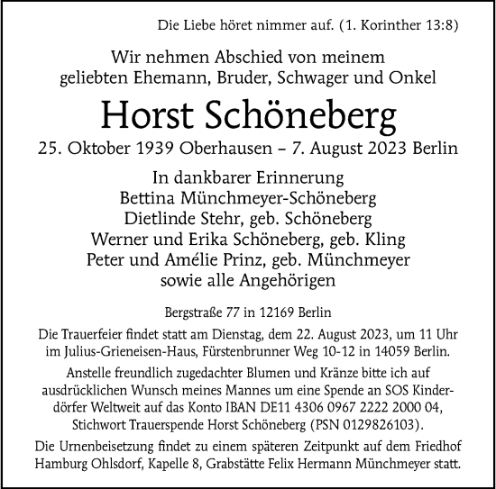 Traueranzeige von Horst Schöneberg von Berliner Morgenpost