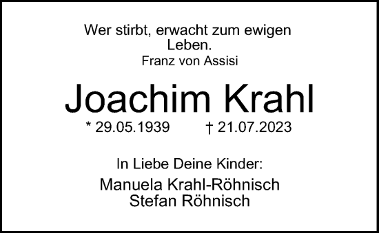 Traueranzeige von Joachim Krahl 