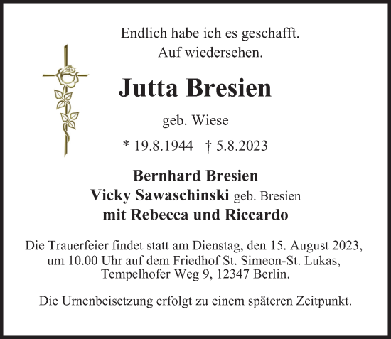 Traueranzeige von Jutta Bresien von Berliner Morgenpost