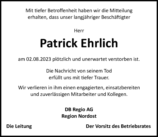 Traueranzeige von Patrick Ehrlich von Berliner Morgenpost