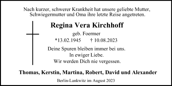 Traueranzeige von Regina Vera Kirchhoff von Berliner Morgenpost