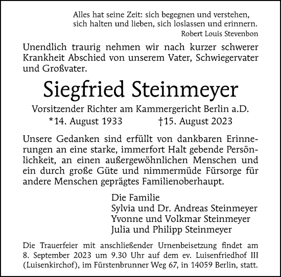 Traueranzeige von Siegfried Steinmeyer von Berliner Morgenpost