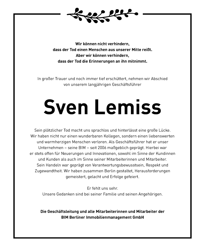  Traueranzeige für Sven Lemiss vom 13.08.2023 aus Berliner Morgenpost