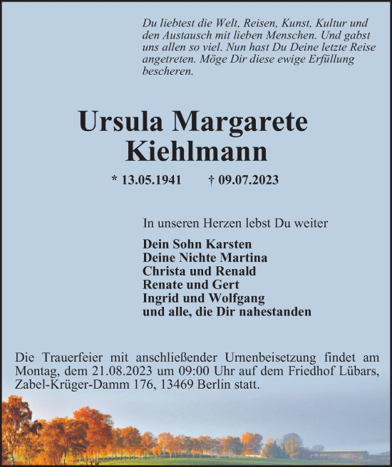 Traueranzeige von Ursula Kiehlmann von Berliner Morgenpost