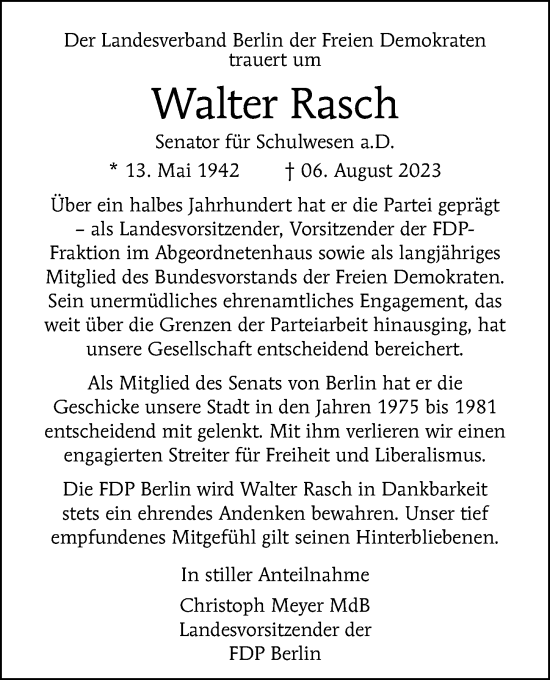 Traueranzeige von Walter Rasch von Berliner Morgenpost