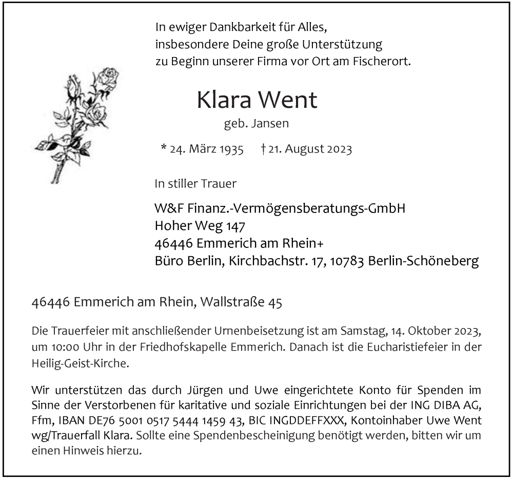  Traueranzeige für Klara Went vom 17.09.2023 aus Berliner Morgenpost