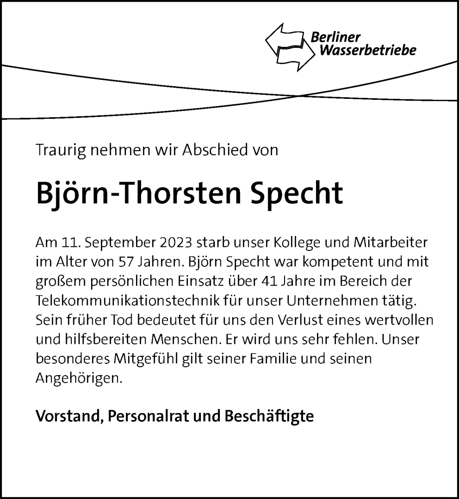 Traueranzeige für Björn-Thorsten Specht vom 24.09.2023 aus Berliner Morgenpost