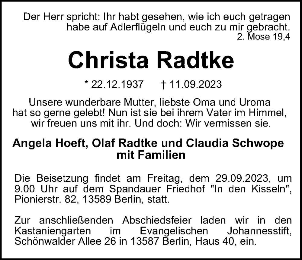  Traueranzeige für Christa Radtke vom 23.09.2023 aus 