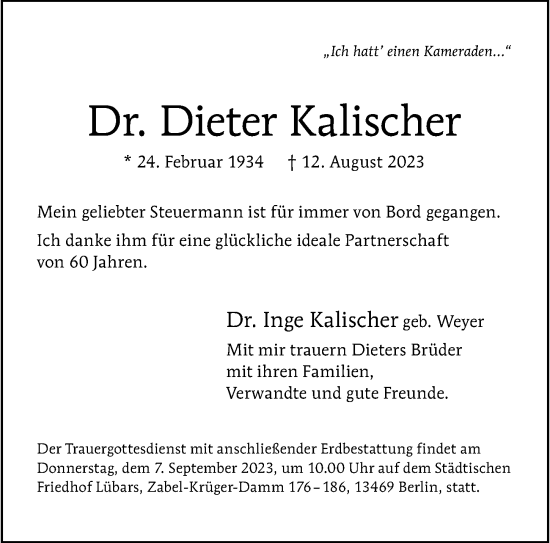 Traueranzeige von Dieter Kalischer von Berliner Morgenpost