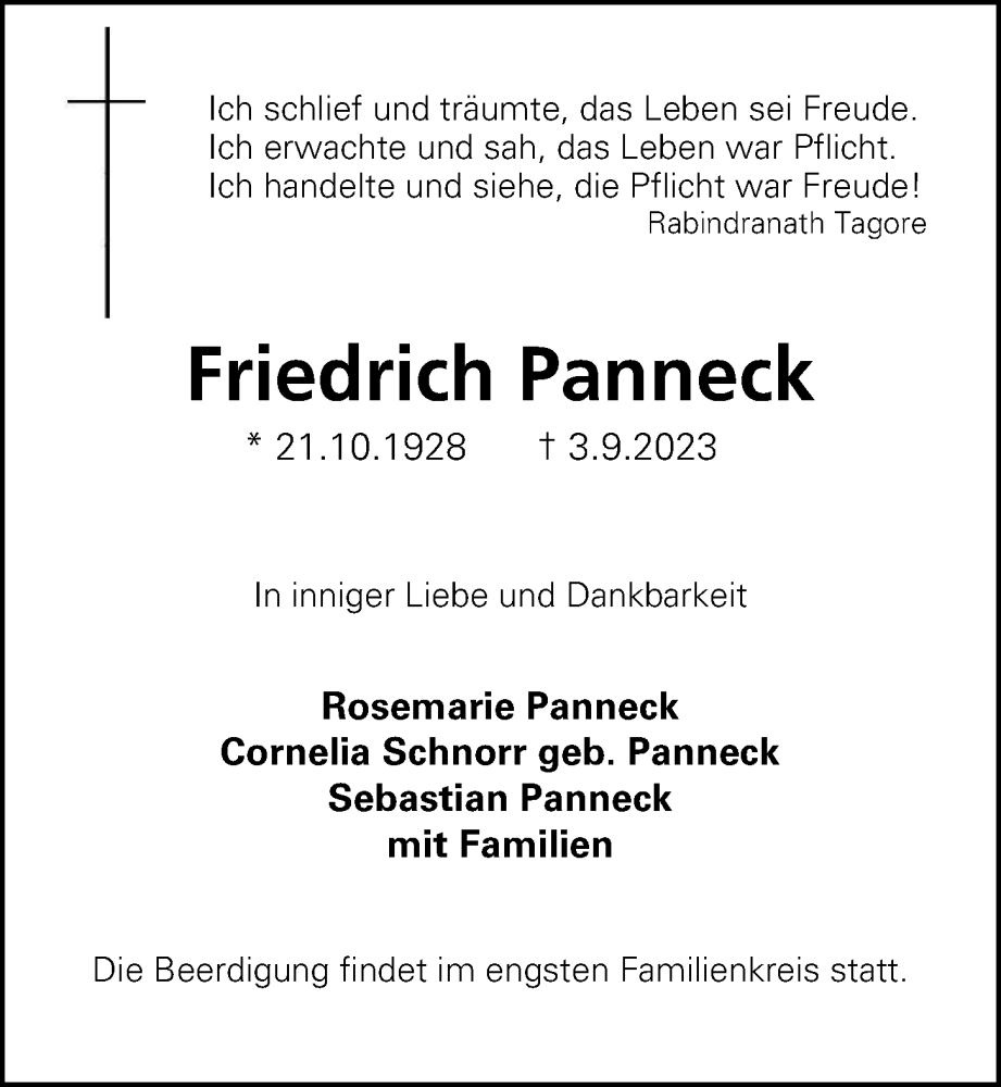  Traueranzeige für Friedrich Panneck vom 10.09.2023 aus Berliner Morgenpost