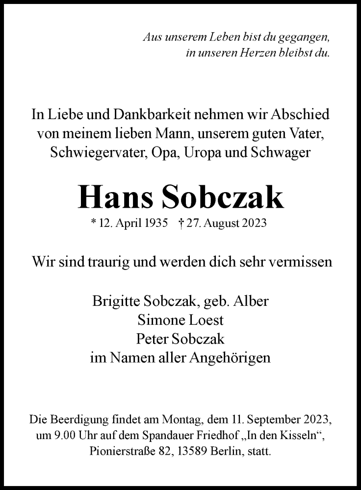  Traueranzeige für Hans Sobczak vom 09.09.2023 aus 