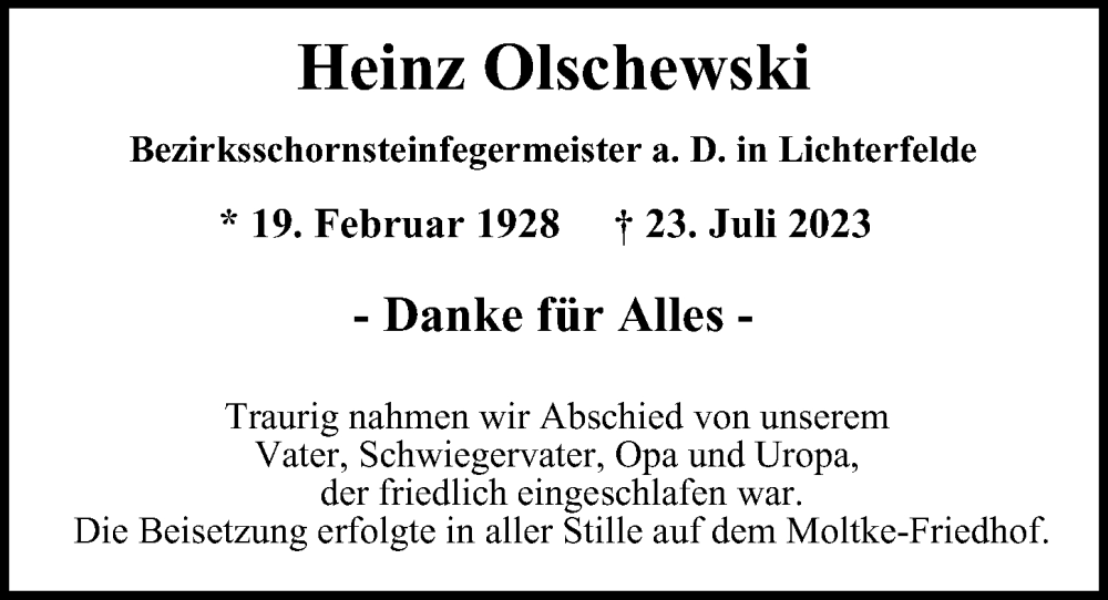  Traueranzeige für Heinz Olschewski vom 17.09.2023 aus Berliner Morgenpost