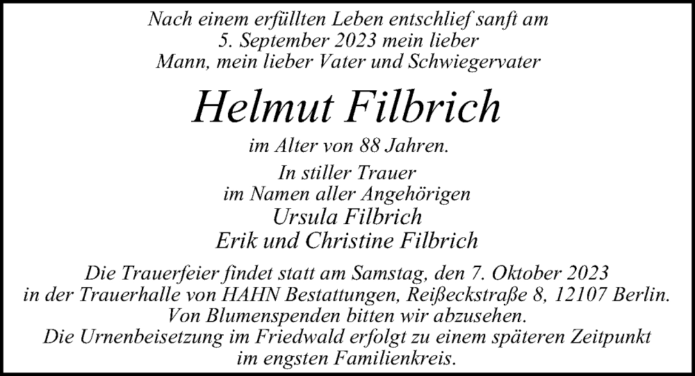  Traueranzeige für Helmut Filbrich vom 17.09.2023 aus Berliner Morgenpost