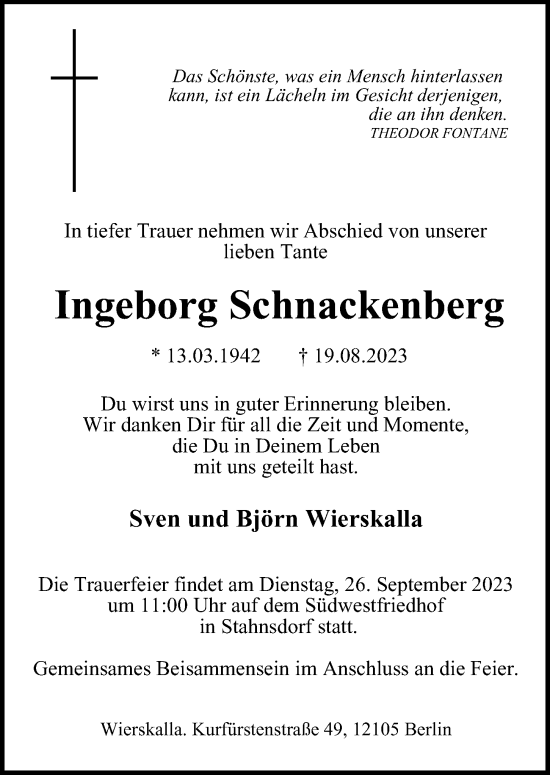 Traueranzeige von Ingeborg Schnackenberg von Berliner Morgenpost