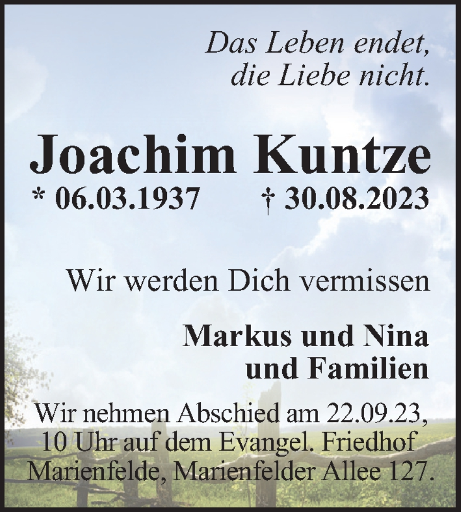 Traueranzeige für Joachim Kuntze vom 10.09.2023 aus Berliner Morgenpost