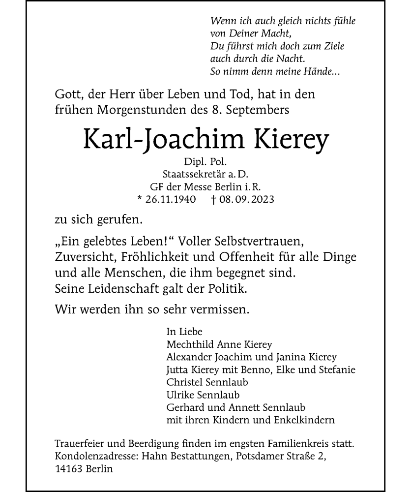  Traueranzeige für Karl-Joachim Kierey vom 24.09.2023 aus Berliner Morgenpost