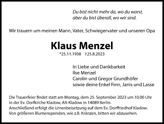 Traueranzeige von Klaus Menzel von Berliner Morgenpost