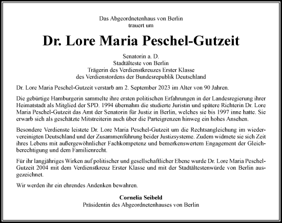 Traueranzeige von Lore Maria Peschel-Gutzeit von Berliner Morgenpost
