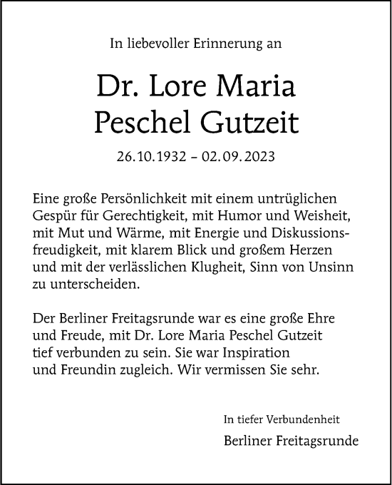 Traueranzeige von Lore Maria Peschel-Gutzeit von Berliner Morgenpost