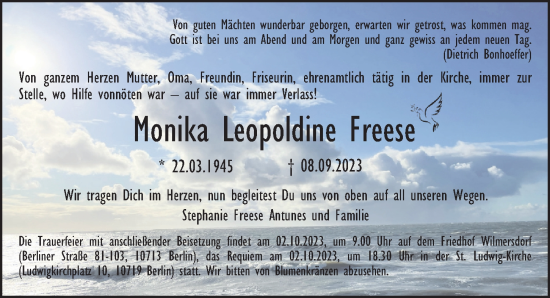 Traueranzeige von Monika Leopoldine Freese von Berliner Morgenpost