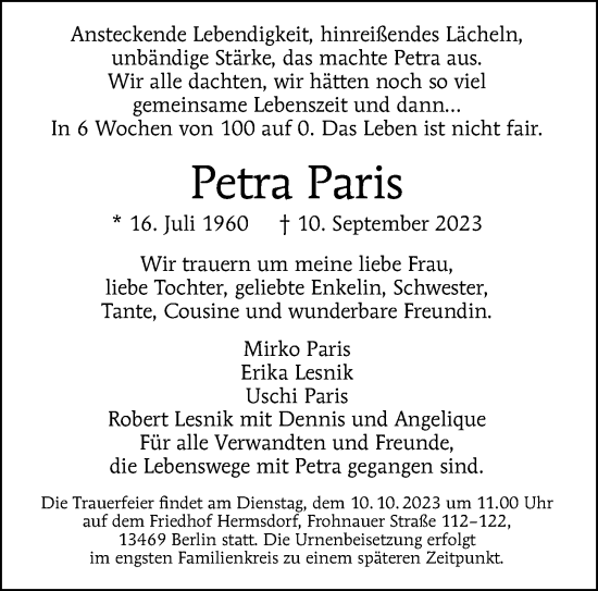 Traueranzeige von Petra Paris von Berliner Morgenpost