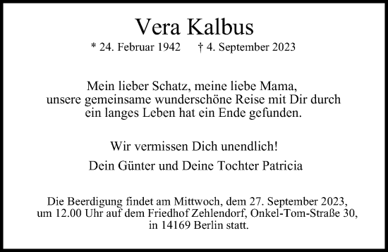 Traueranzeige von Vera Kalbus von Berliner Morgenpost
