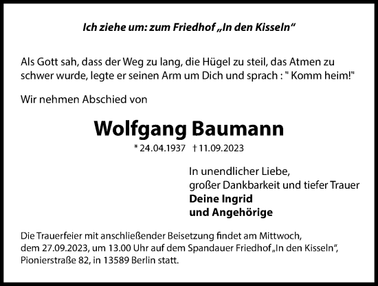 Traueranzeige von Wolfgang Baumann von Berliner Morgenpost