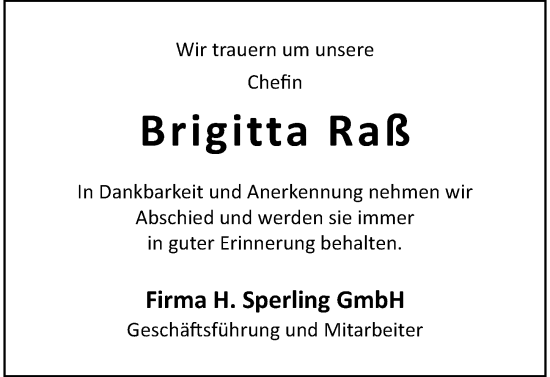 Traueranzeige von Brigitta Raß von Berliner Morgenpost